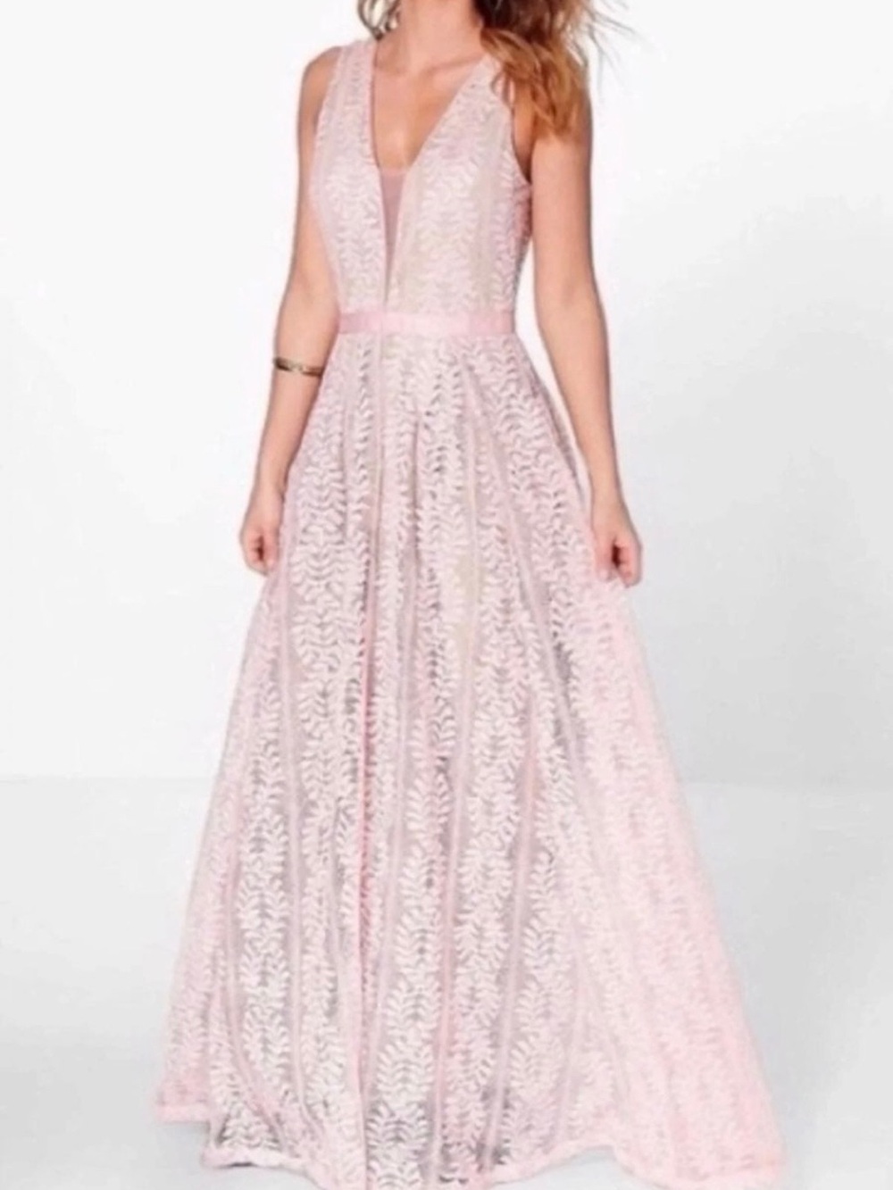Lucy Wang Blush Pink Lace V-Neck Maxi Dress